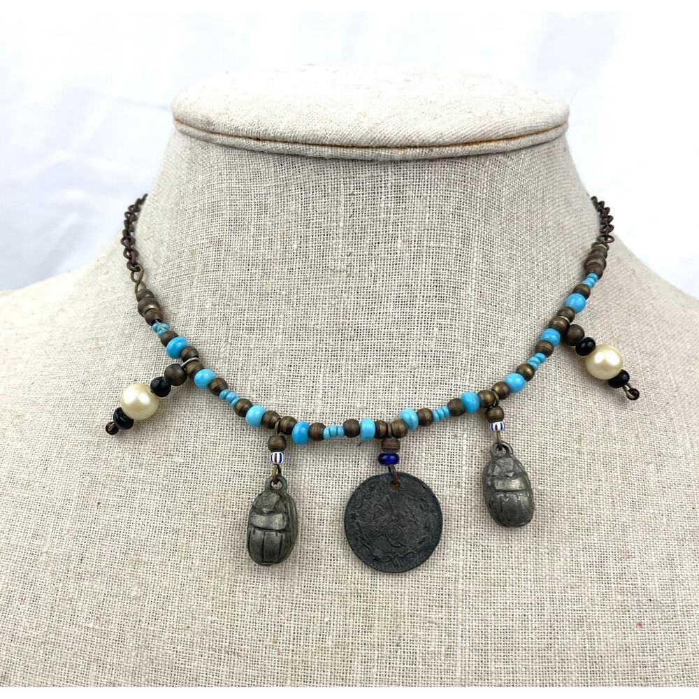 VTG‎ Metal Coin Middle Eastern Scarab Beetle Choker Necklace 15"